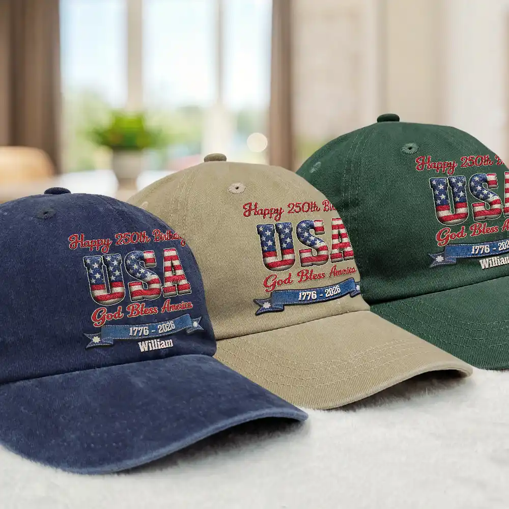 Stars And Stripes Faux Embroidery Effect Happy 250th Birthday - Personalized Vintage Washed Denim Cap - Image 3