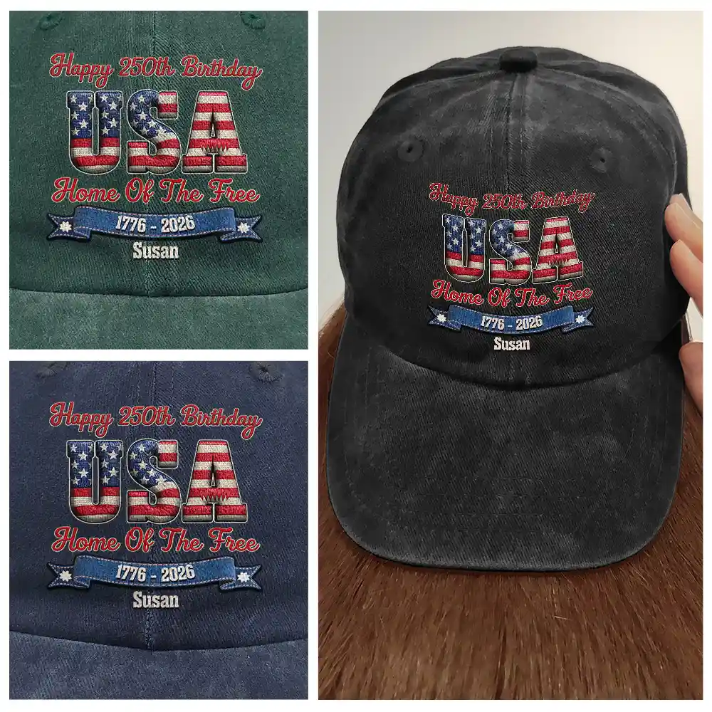 Stars And Stripes Faux Embroidery Effect Happy 250th Birthday - Personalized Vintage Washed Denim Cap - Image 4