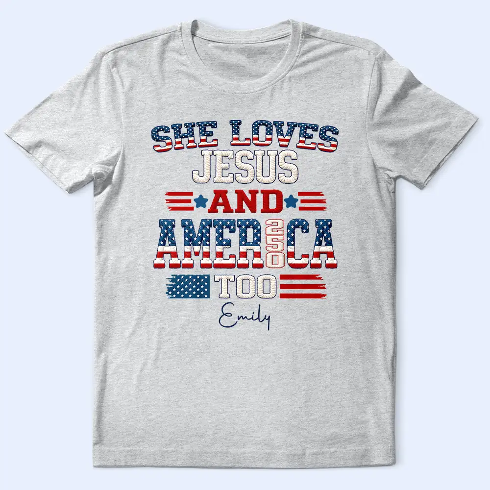 Stars And Stripes Faux Embroidery Effect Love Jesus And America - Personalized T Shirt - Image 2