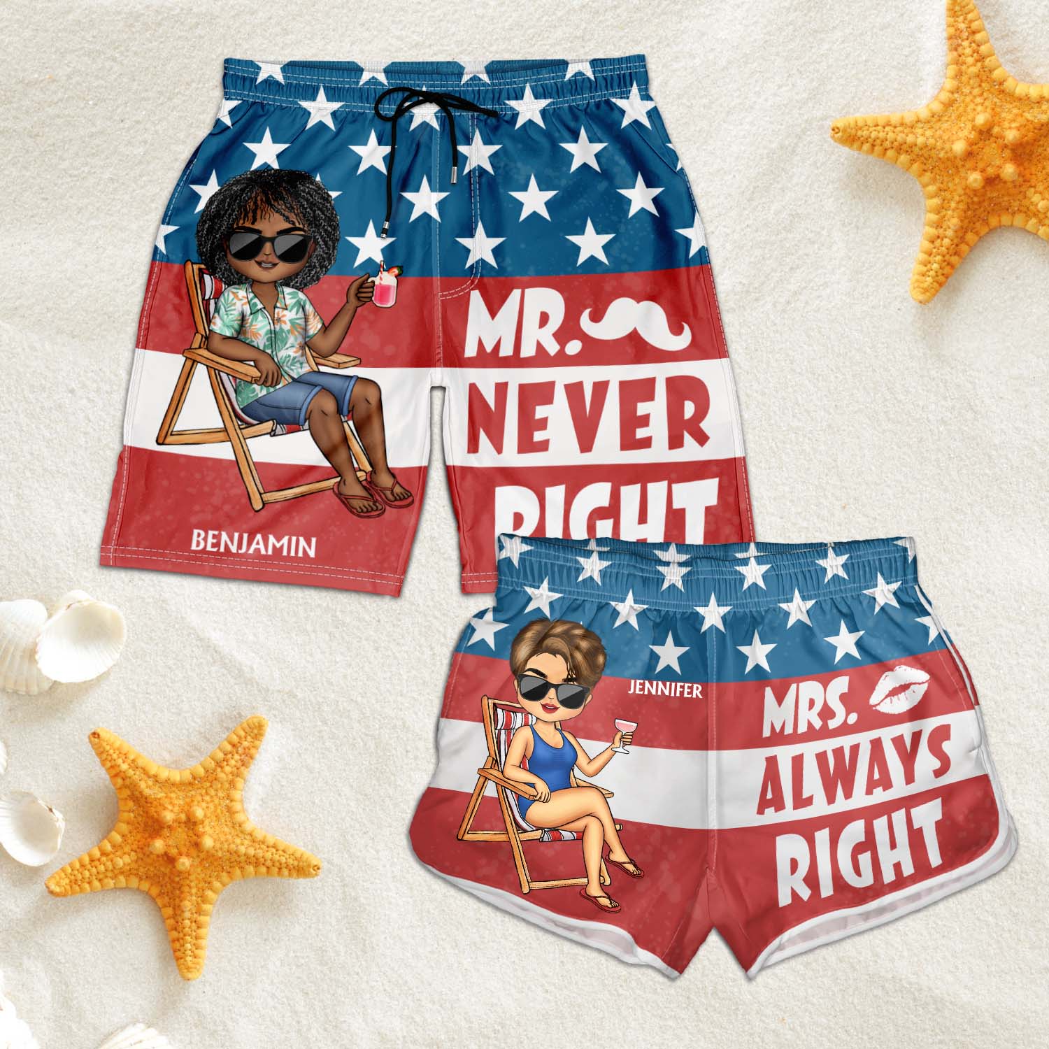 Stars And Stripes Mr Never Right Mrs Always Right - Gift For Couples, Spouse, Lover, Husband, Wife, Boyfriend, Girlfriend - Personalized Custom Couple Beach Shorts - Image 5