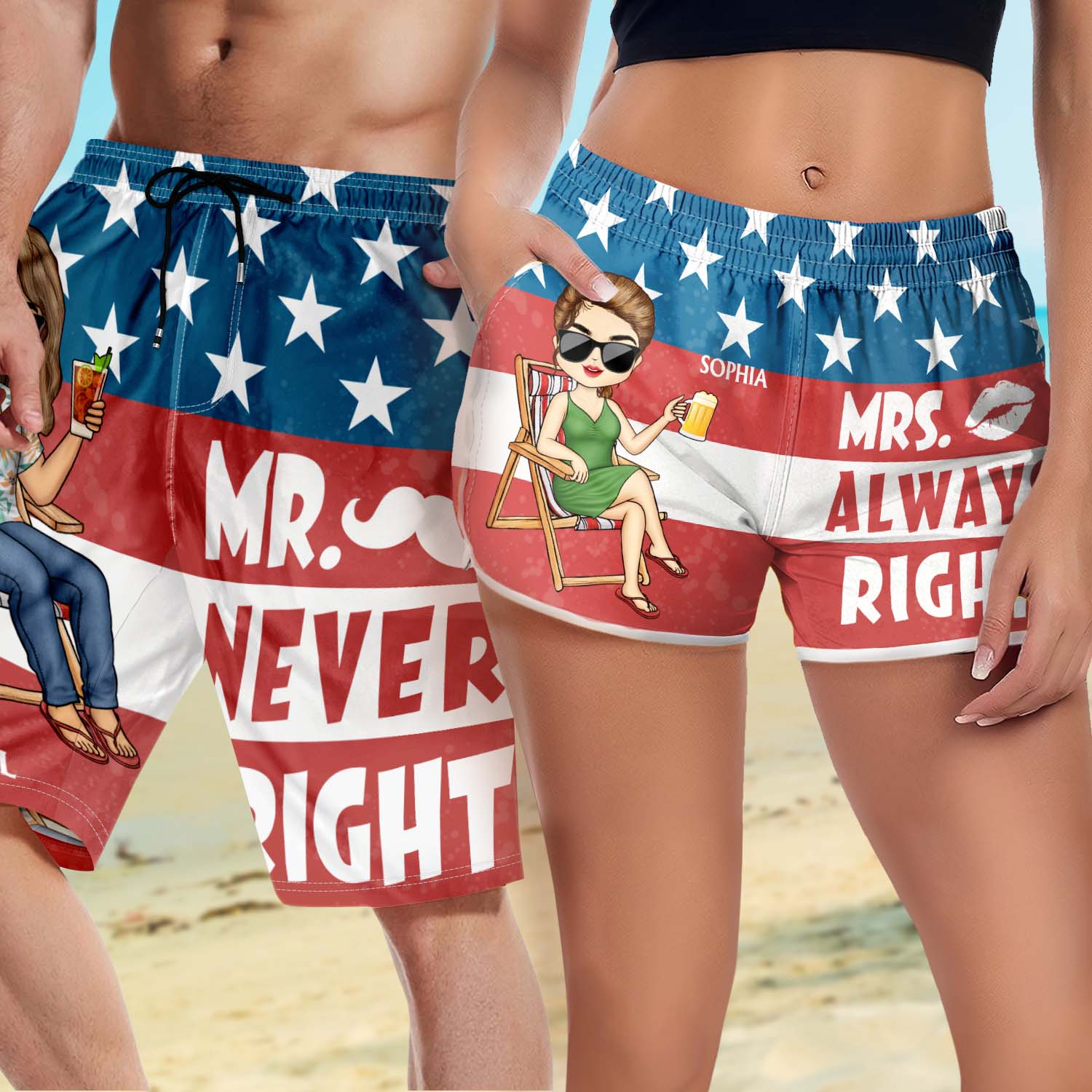 Stars And Stripes Mr Never Right Mrs Always Right - Gift For Couples, Spouse, Lover, Husband, Wife, Boyfriend, Girlfriend - Personalized Custom Couple Beach Shorts - Image 6