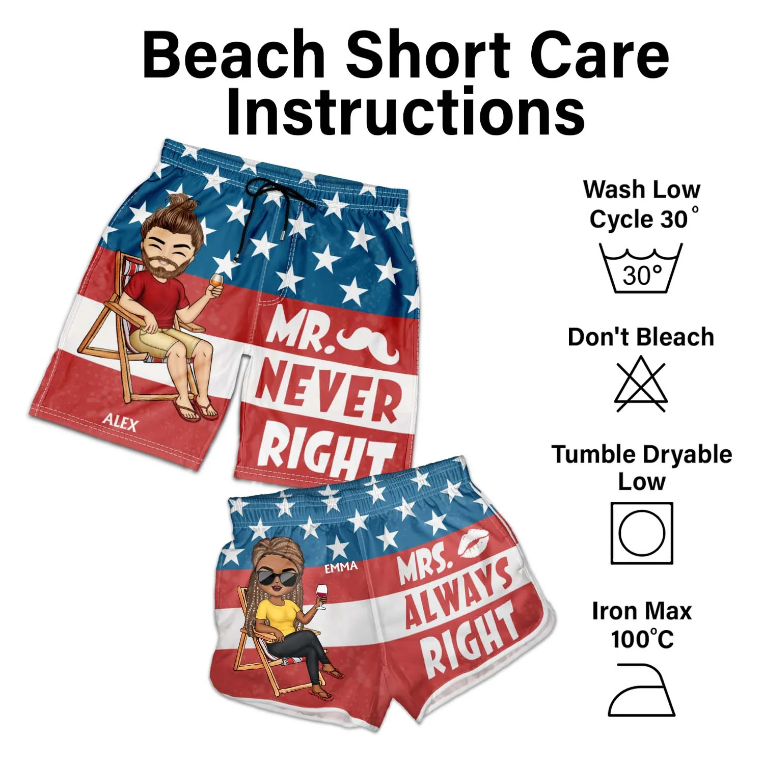 Stars And Stripes Mr Never Right Mrs Always Right - Gift For Couples, Spouse, Lover, Husband, Wife, Boyfriend, Girlfriend - Personalized Custom Couple Beach Shorts - Image 7