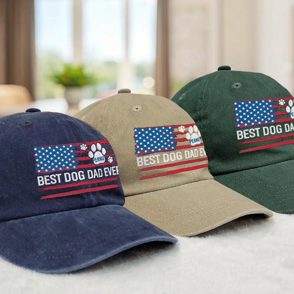 Stars And Stripes Paw Dog Cat Dad - Personalized Vintage Washed Denim Cap - Image 3
