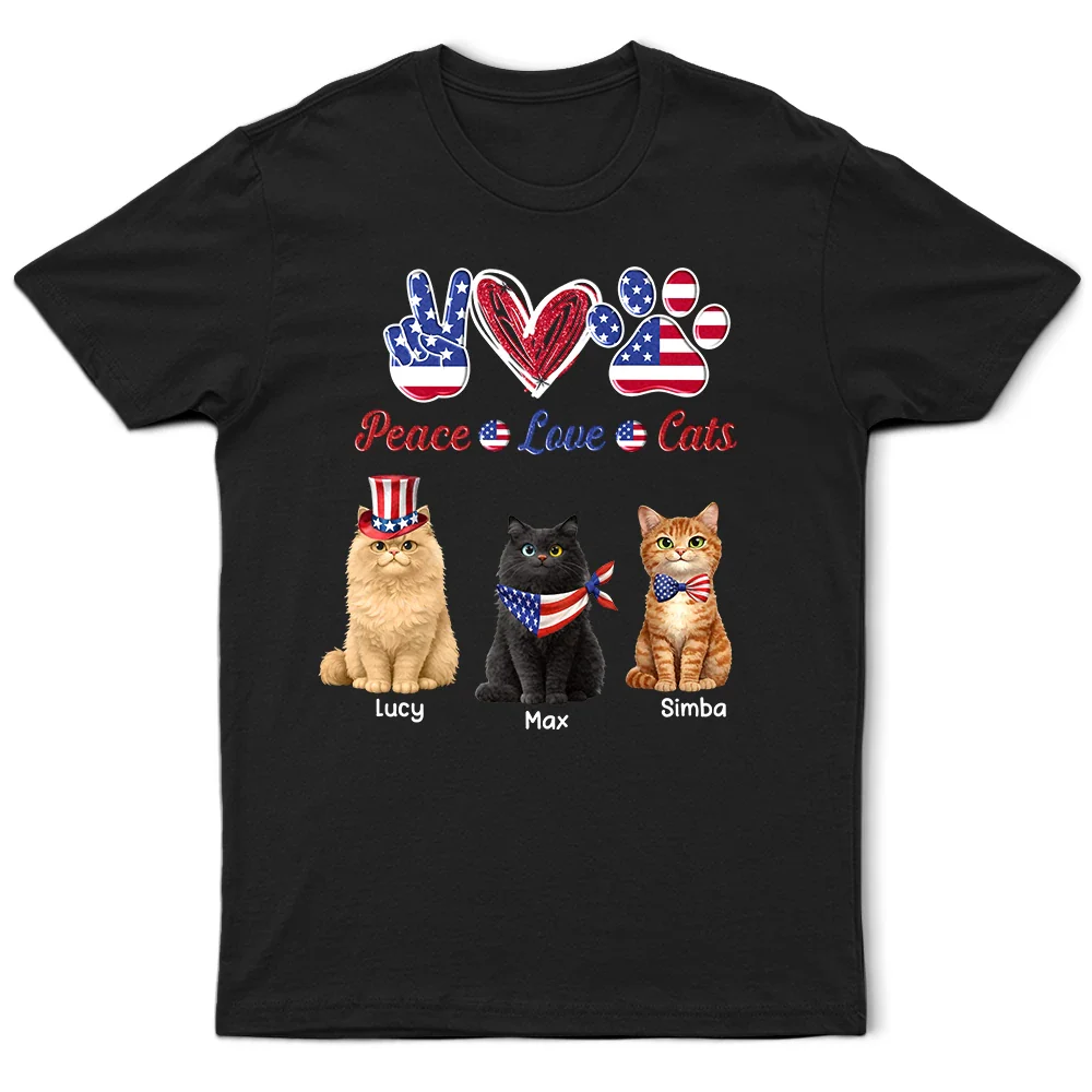 Stars And Stripes Peace Love Cats - Personalized T Shirt - Image 2