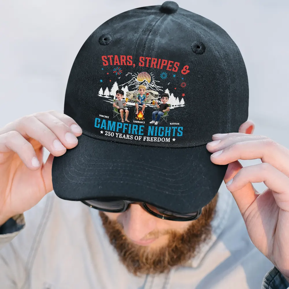 Stars Stripes & Campfire Nights - Personalized Vintage Washed Denim Cap - Image 2