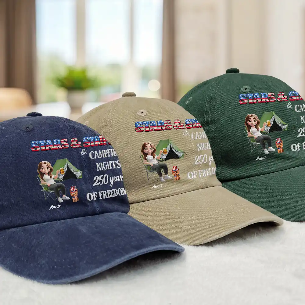 Stars & Stripes & Campfire Nights - Personalized Vintage Washed Denim Cap - Image 3