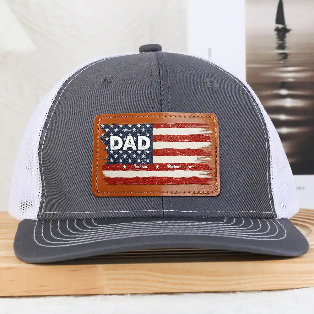Stars & Stripes Dad Grandpa Names - Personalized Leather Patch Hat - Image 2