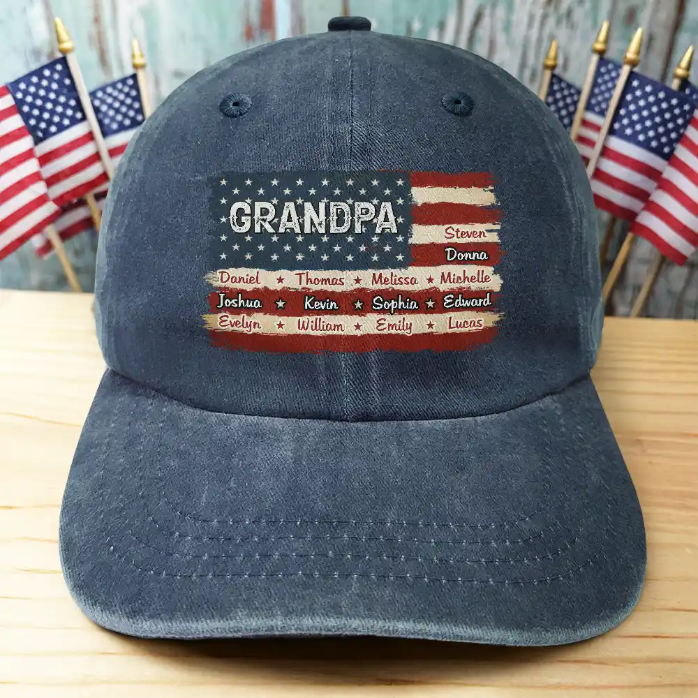 Stars & Stripes US Flag American Dad Grandpa - Personalized Vintage Washed Denim Cap - Image 2