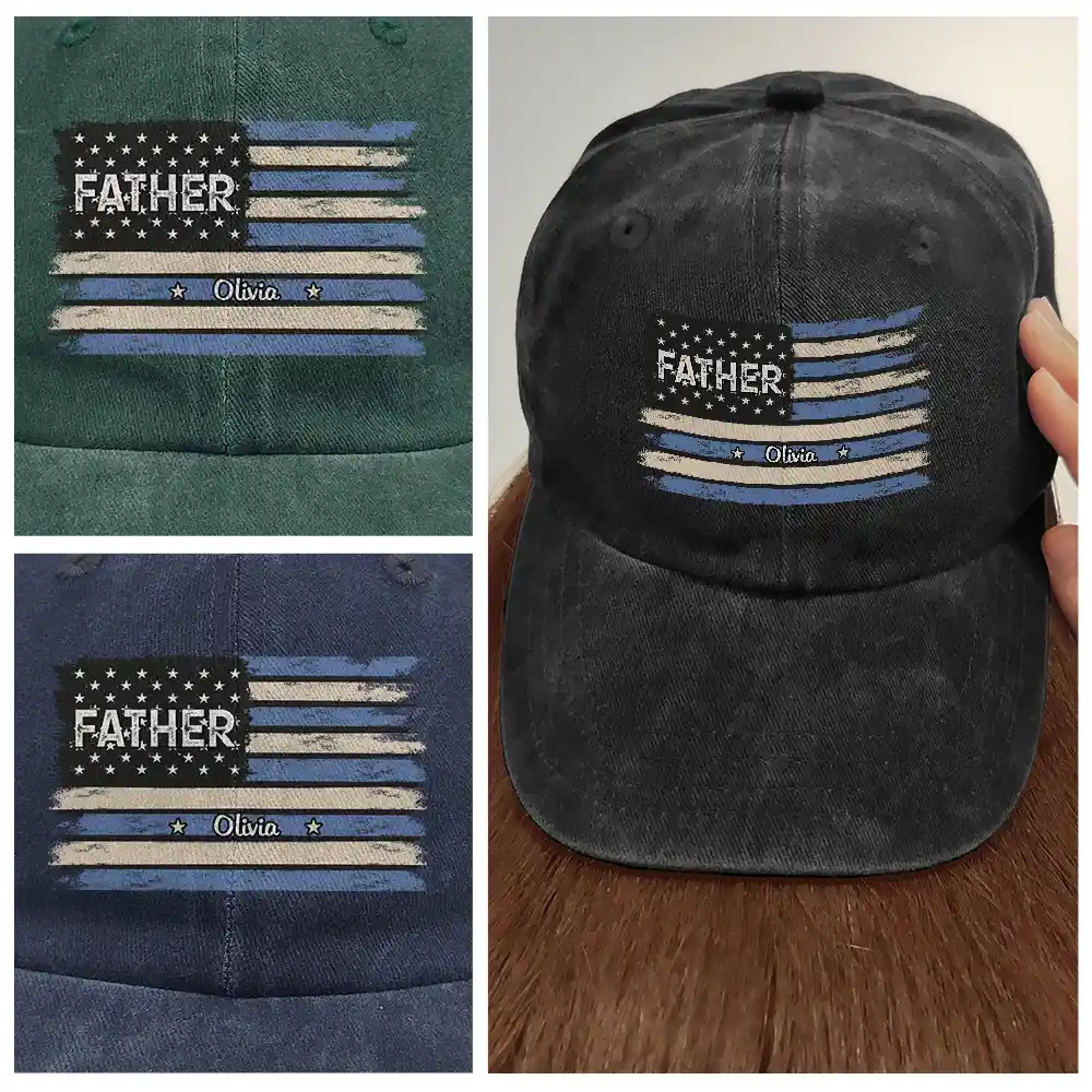 Stars & Stripes US Flag American Dad Grandpa - Personalized Vintage Washed Denim Cap - Image 5