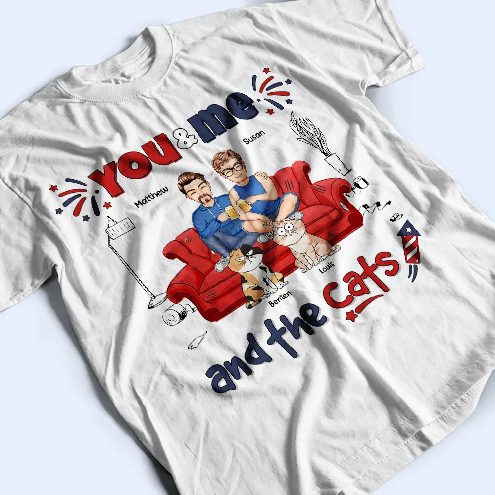 Stars & Stripes You And Me And The Cats - Personalized T Shirt - Image 3