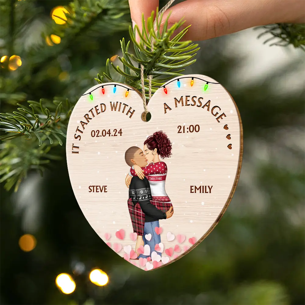 Started With A Message Couples Christmas - Personalized Custom Shaped Wooden Ornament - Image 2
