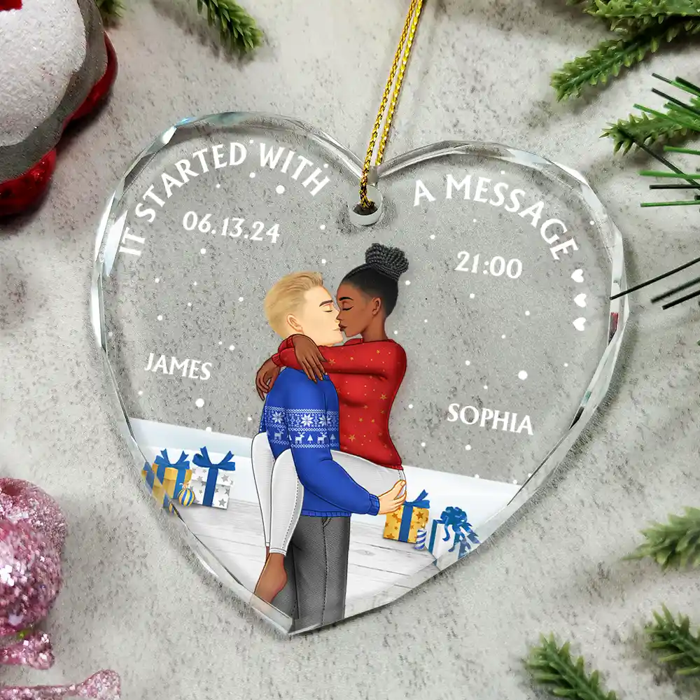 Started With A Message Couples Christmas - Personalized Heart Shaped Glass Ornament - Image 4