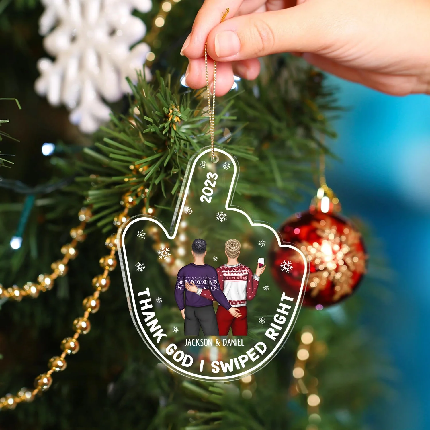 Started With A Swipe Right - Christmas Gift For Couples - Personalized Custom Shaped Acrylic Ornament - Image 4