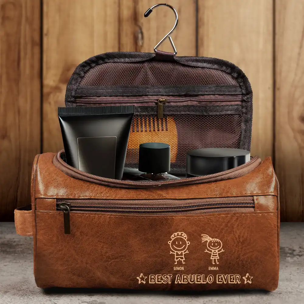 Stick Figure Best Dad Ever - Personalized Leather Toiletry Bag - Image 4
