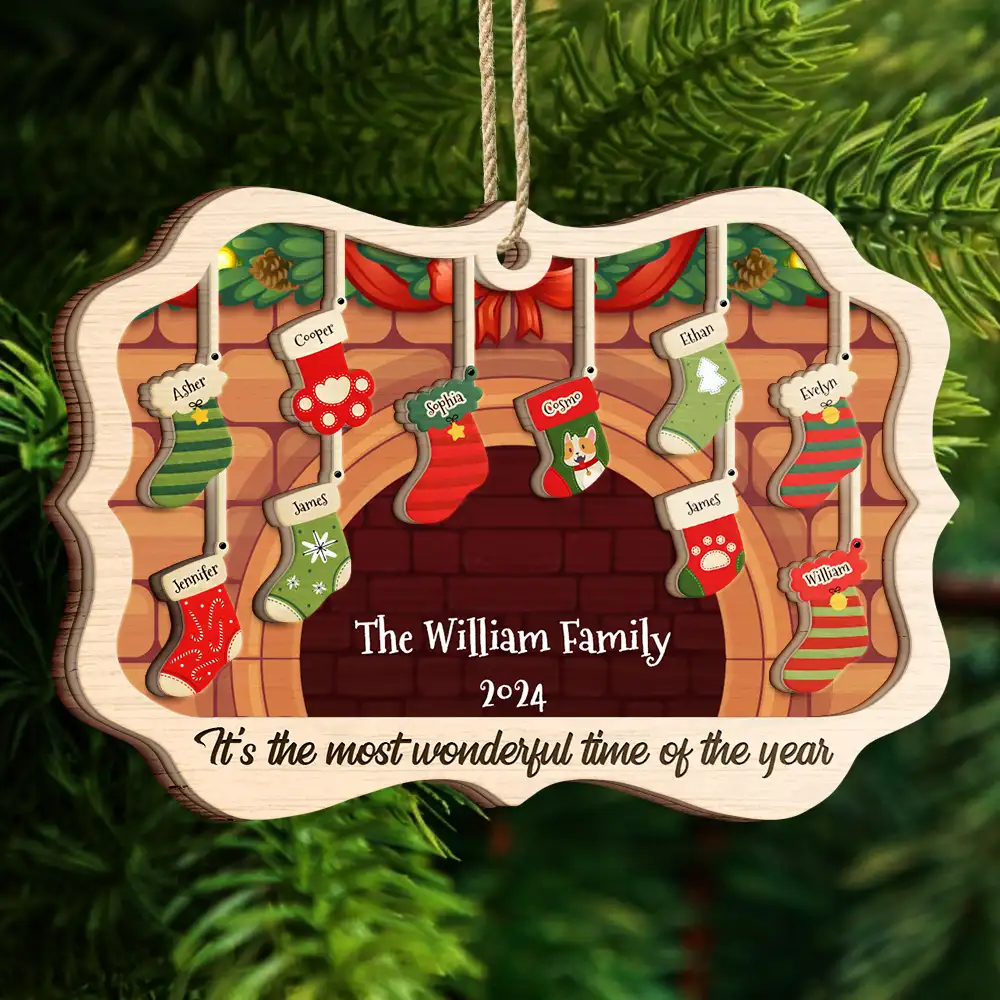 Stockings Hanging The Most Wonderful Time Of Year - Gift For Family - Personalized Custom 2-Layered Wooden Ornament - Image 4