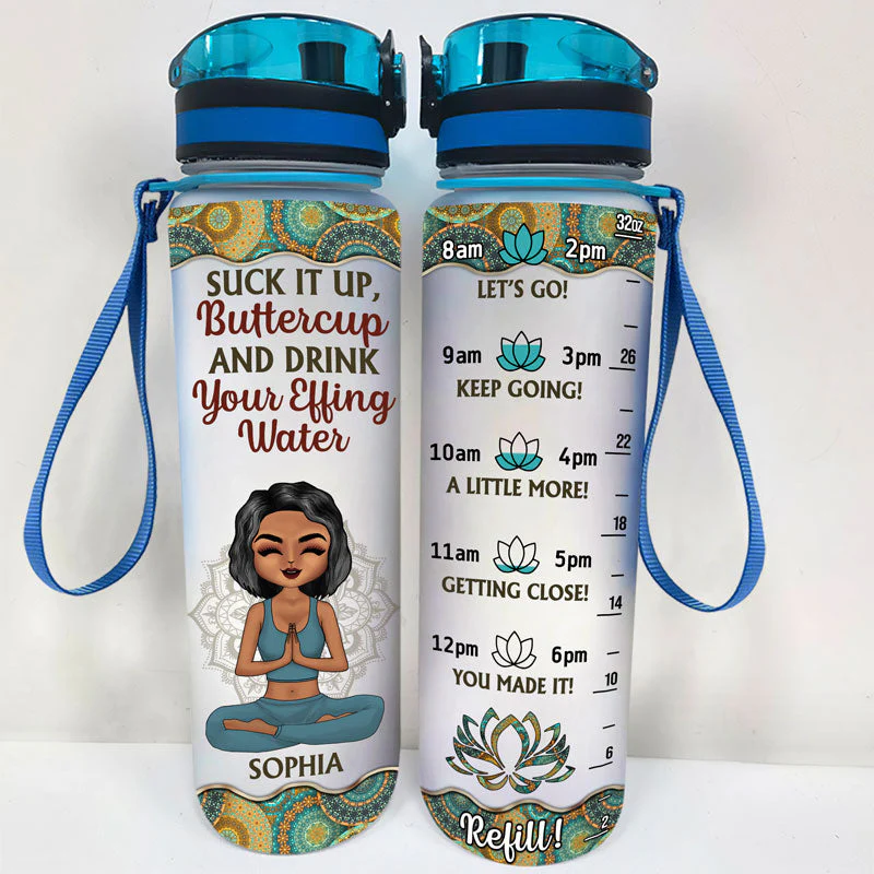 Suck It Up Butter Cup Drink Your Effing Water - Gift For Yoga Lovers - Personalized Custom Water Tracker Bottle - Image 2