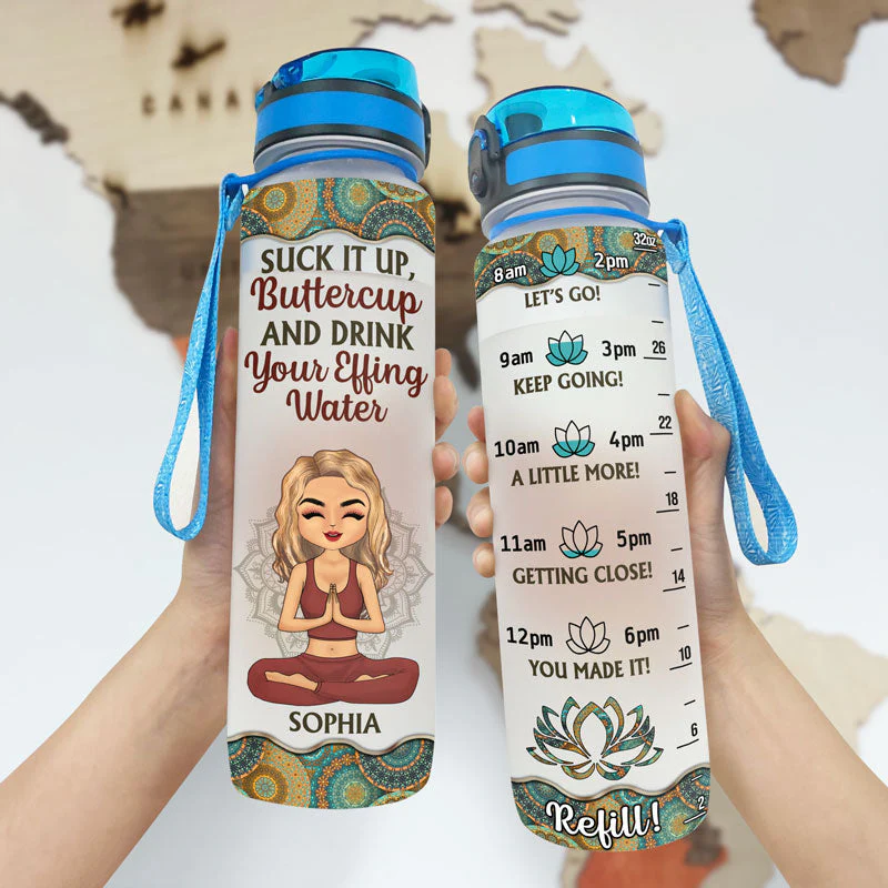 Suck It Up Butter Cup Drink Your Effing Water - Gift For Yoga Lovers - Personalized Custom Water Tracker Bottle - Image 3