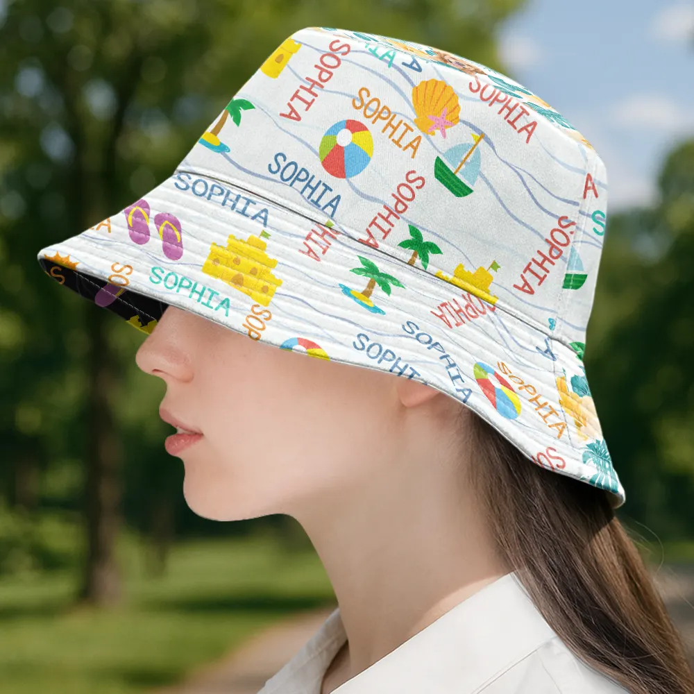 Summer Beach Vacation Holiday Vibe Cute Icon Custom Name - Personalized Bucket Hat - Image 3