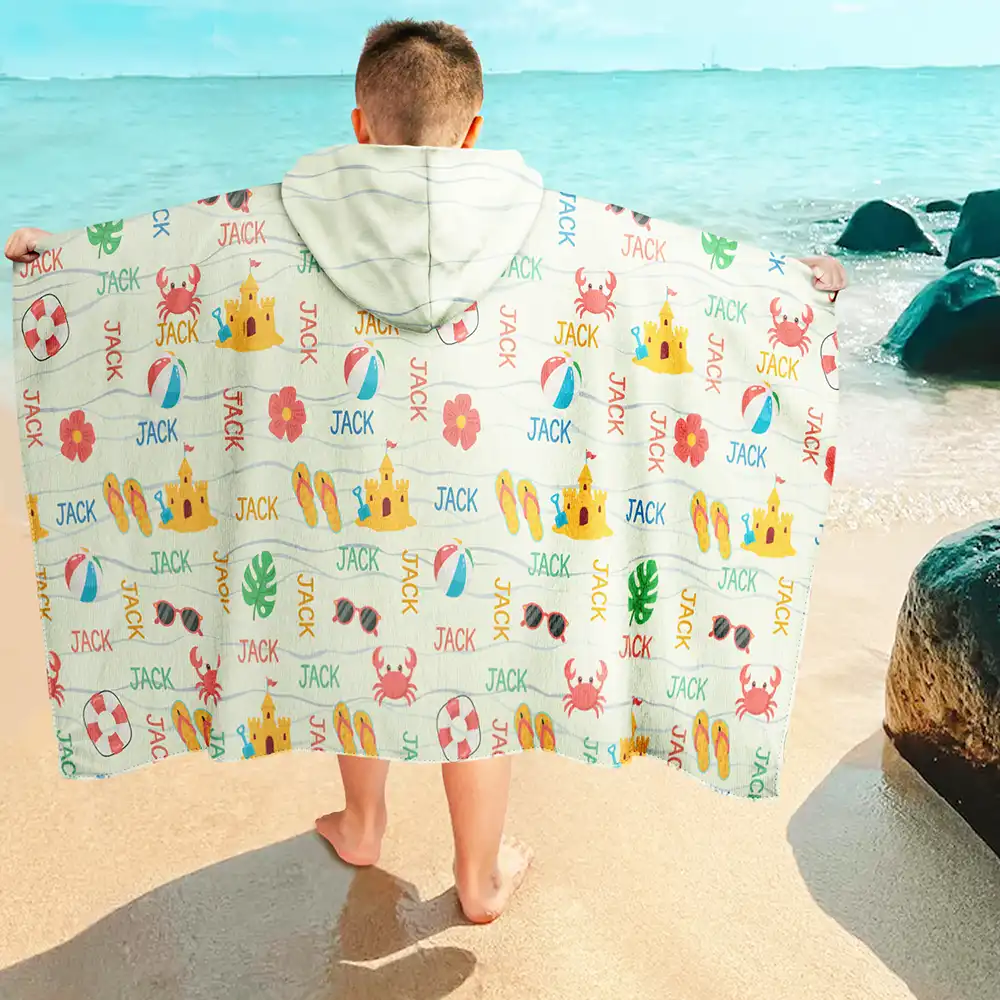 Summer Beach Vacation Holiday Vibe Cute Icon Custom Name - Personalized Hooded Beach Towel - Image 4