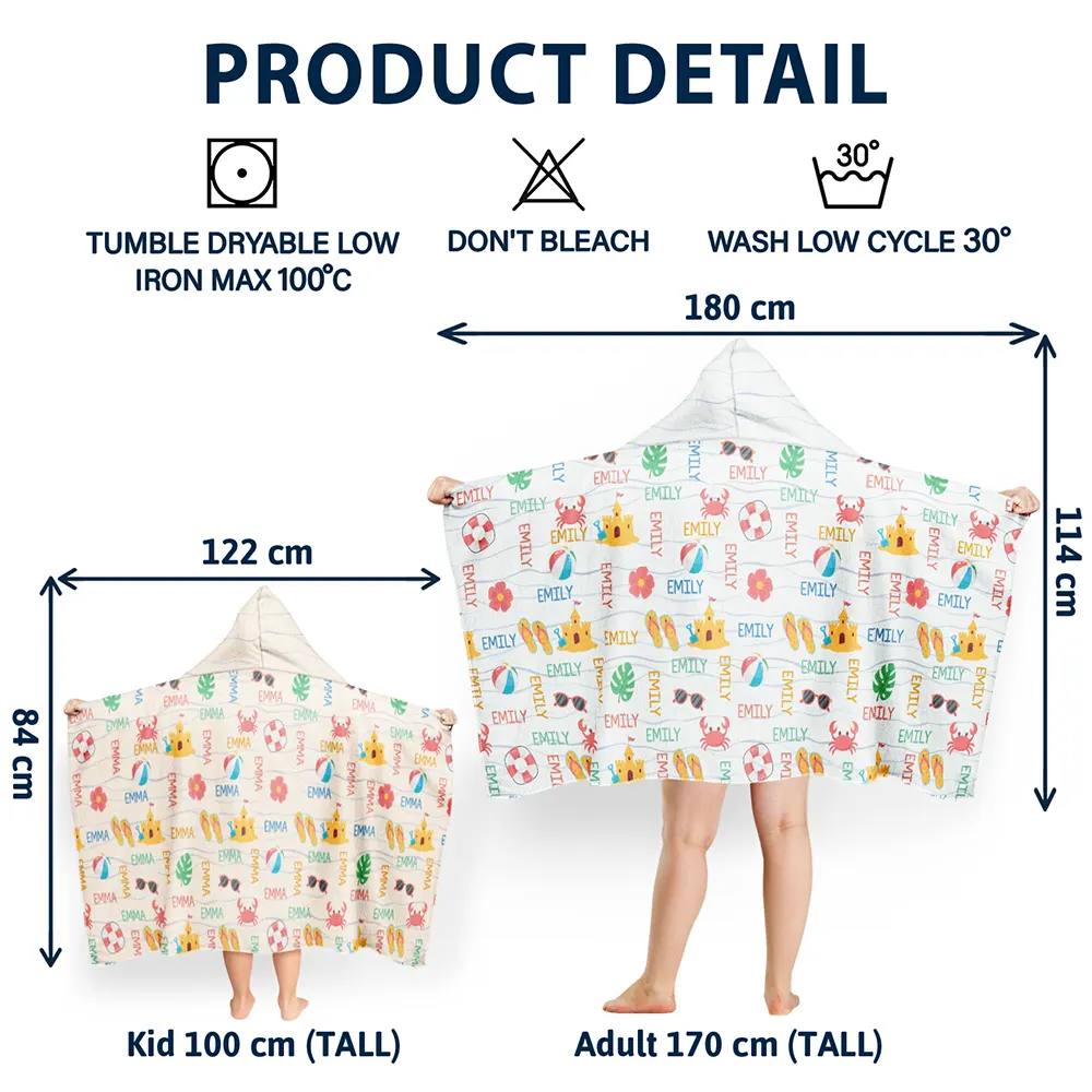 Summer Beach Vacation Holiday Vibe Cute Icon Custom Name - Personalized Hooded Beach Towel - Image 5