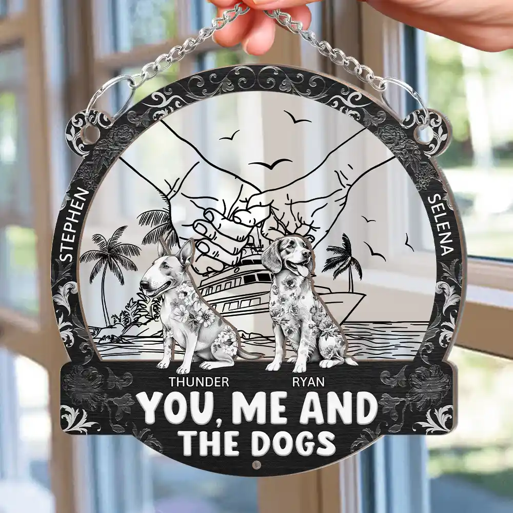 Summer Couple You And Me And The Dogs Toile Art - Personalized Window Hanging Suncatcher Ornament - Image 2