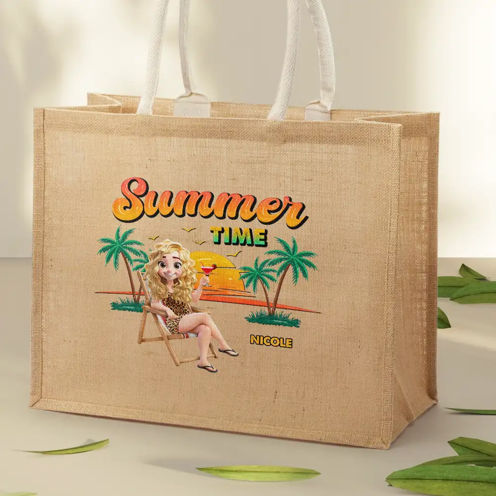 Summer Time Just A Girl Who Loves Beach - Personalized Jute Beach Bag - Image 2