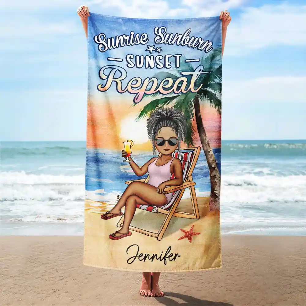 Sunrise Sunburn Sunset Repeat - Personalized Beach Towel - Image 2