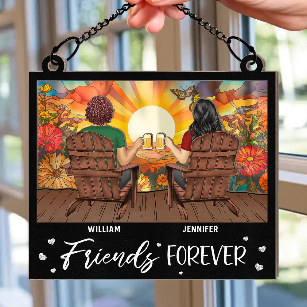 Sunset Besties Sisters Sitting Together - Personalized Window Hanging Suncatcher Ornament - Image 2