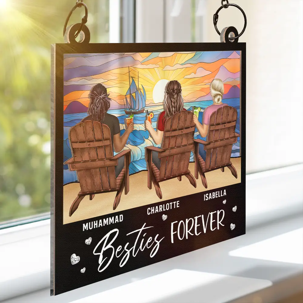 Sunset Besties Sisters Sitting Together - Personalized Window Hanging Suncatcher Ornament - Image 3