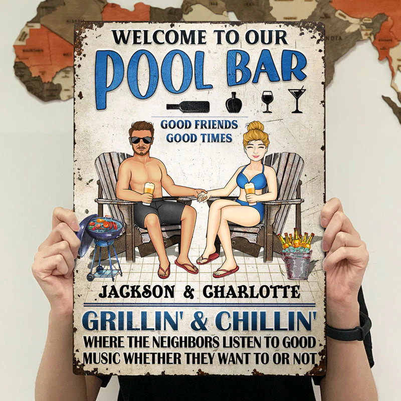 Swimming Poolside Family Couple Listen To The Good Music - Pool Sign - Personalized Custom Classic Metal Signs - Image 4