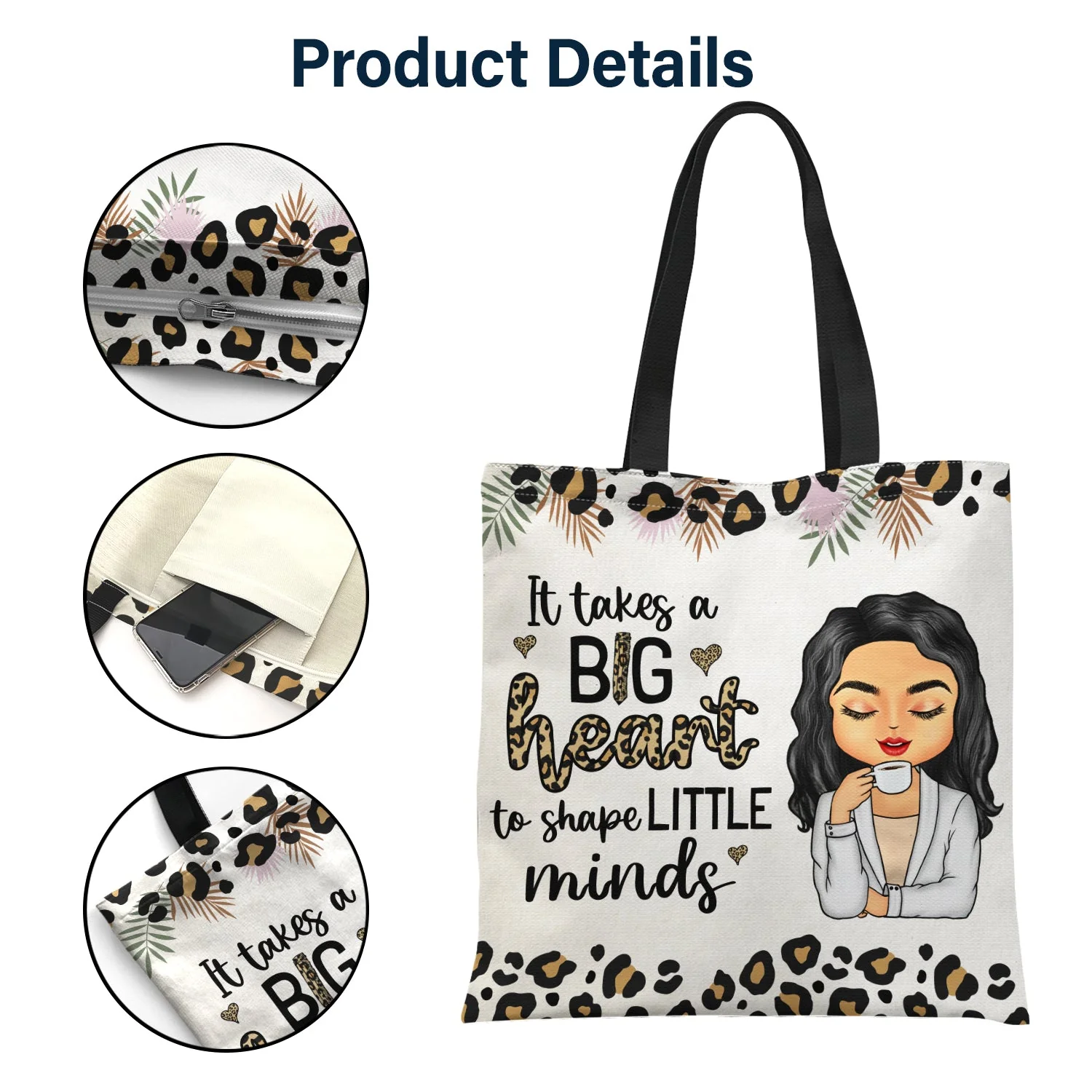 Teach Love Inspire Leopard Pattern - Gift For Teachers - Personalized Custom Zippered Canvas Bag - Image 4