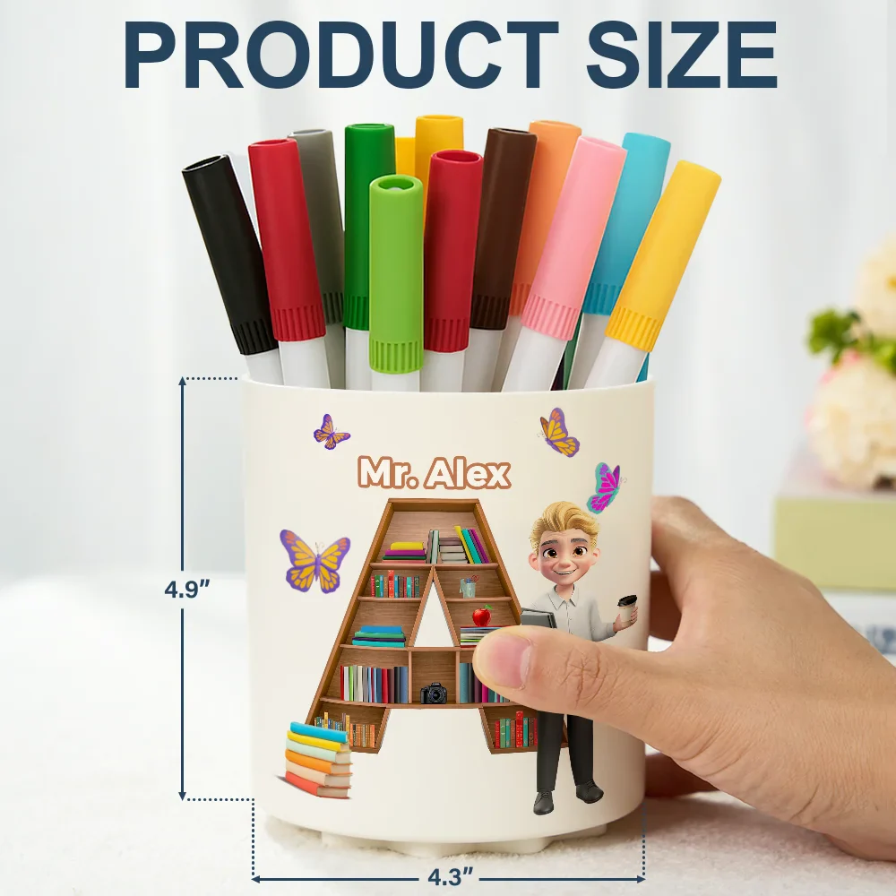 Teacher Alphabet Bookshelf Letter - Personalized Rotating Pen Holder - Image 5