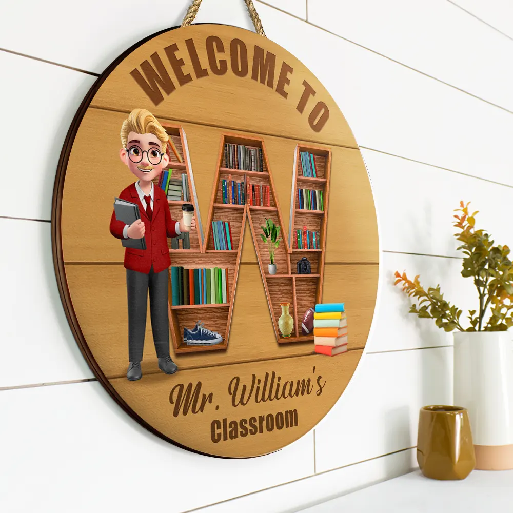 Teacher Alphabet Bookshelf Letter - Personalized Wood Circle Sign - Image 2