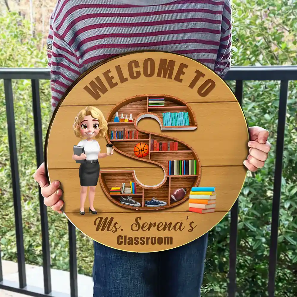 Teacher Alphabet Bookshelf Letter - Personalized Wood Circle Sign - Image 3