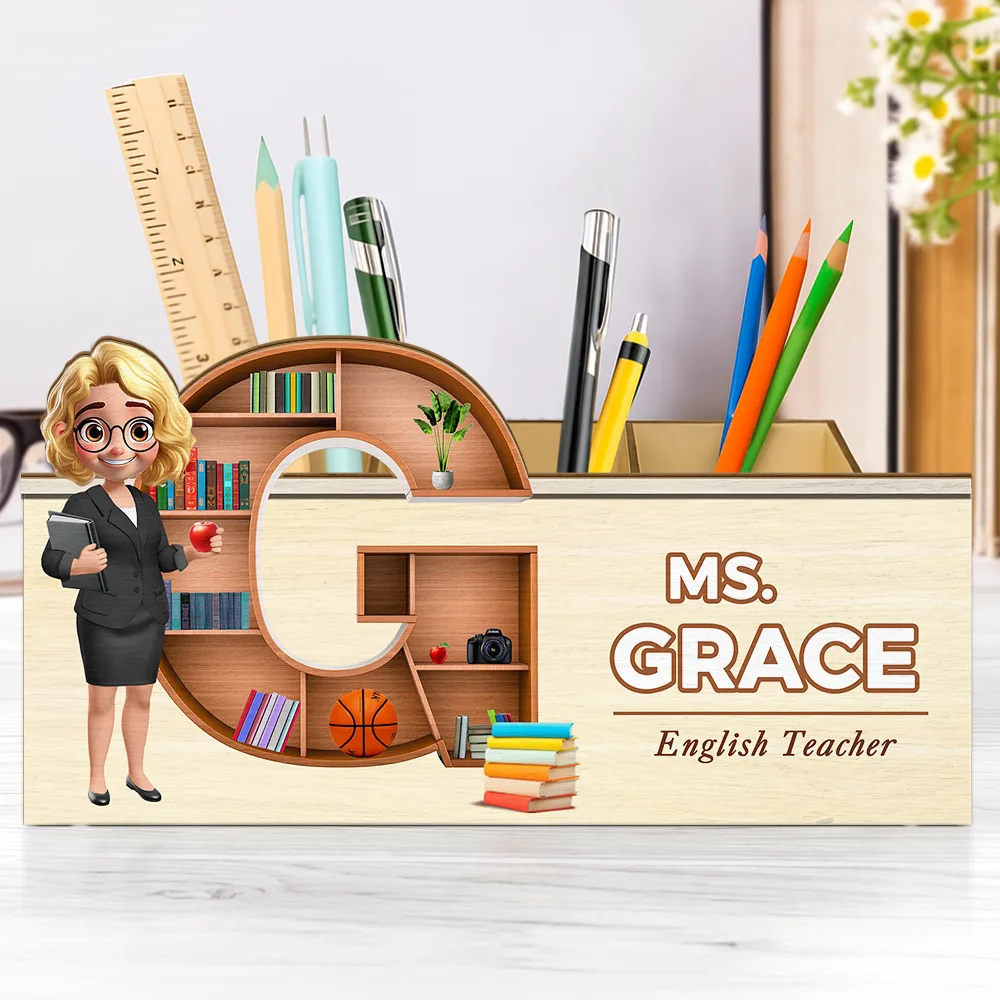 Teacher Alphabet Bookshelf Letter - Personalized Wooden Pen Pencil Holder