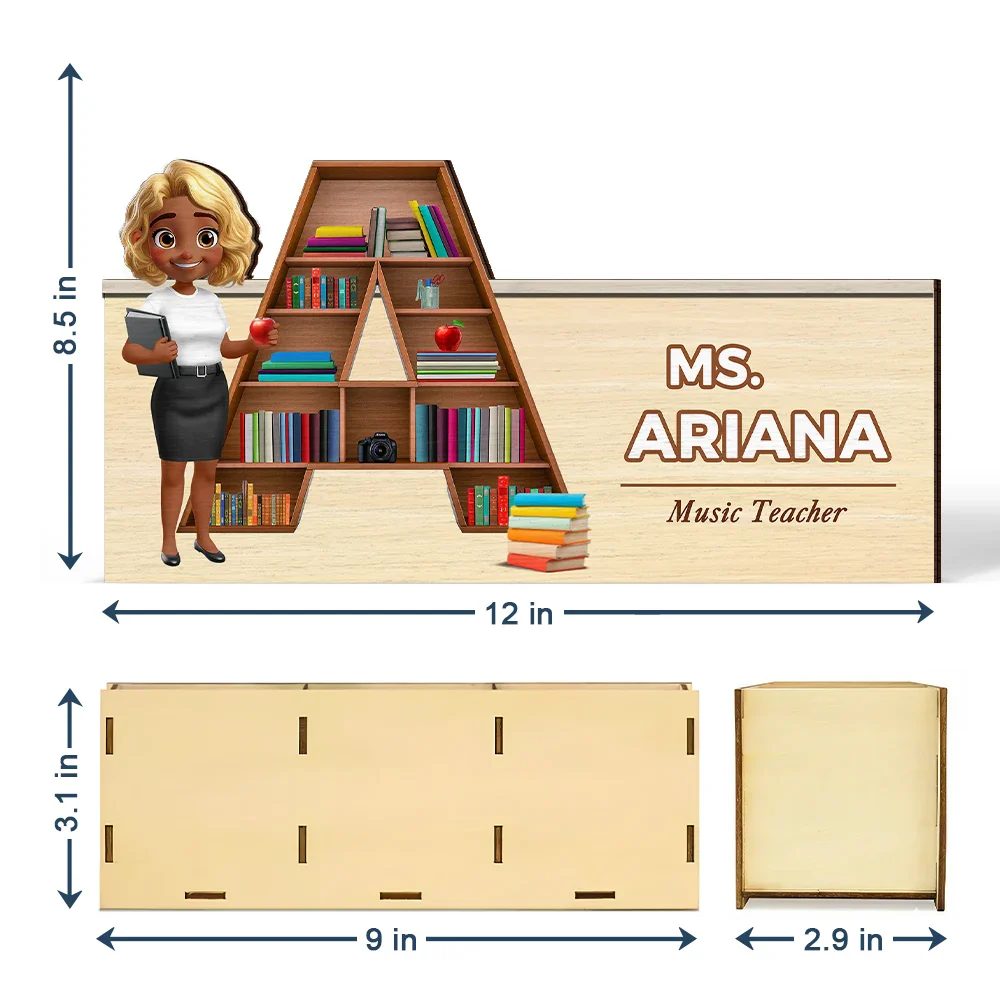 Teacher Alphabet Bookshelf Letter - Personalized Wooden Pen Pencil Holder - Image 5