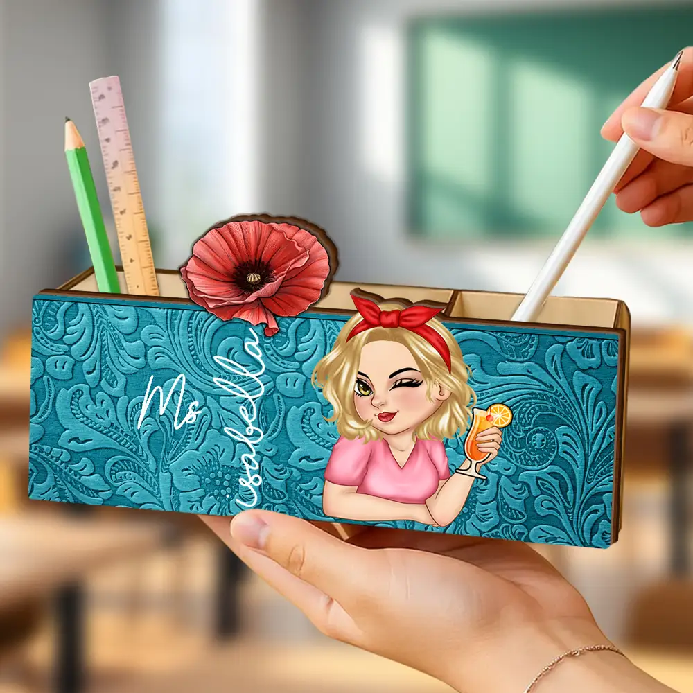 Teacher Birth Flower Bloom Where You're Planted Woman - Personalized Wooden Pen Pencil Holder - Image 3