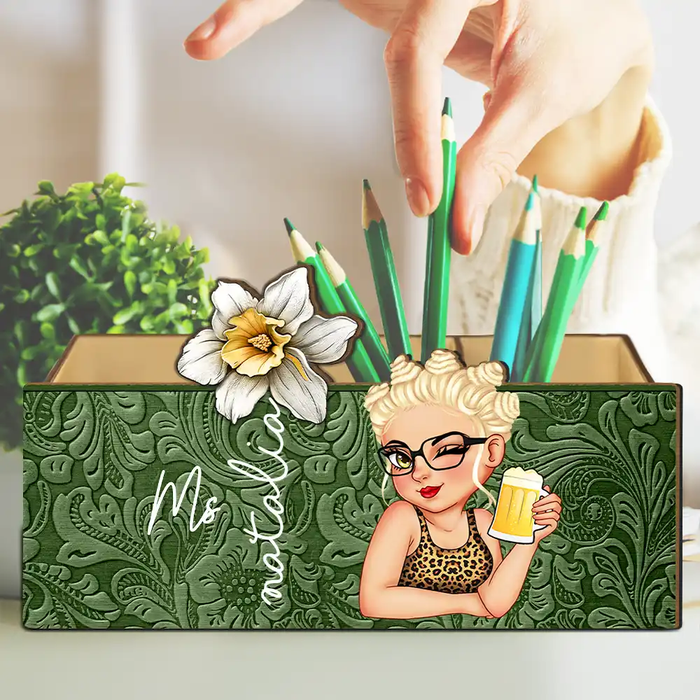 Teacher Birth Flower Bloom Where You're Planted Woman - Personalized Wooden Pen Pencil Holder - Image 4
