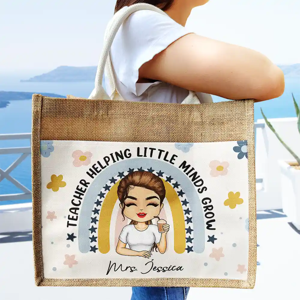Teacher Helping Little Minds Grow - Personalized Jute Tote Bag - Image 3