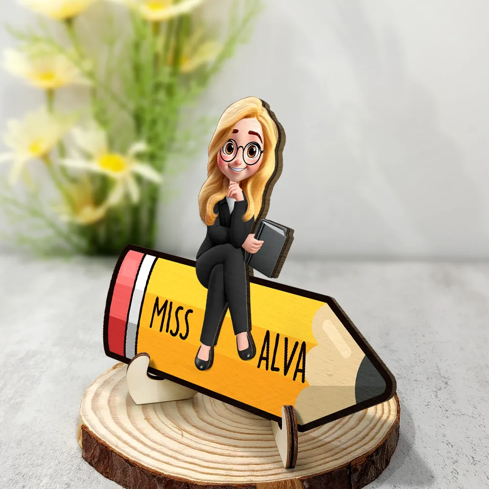 Teacher Sitting On The Pencil - Personalized 2-Layered Wooden Plaque With Stand - Image 2