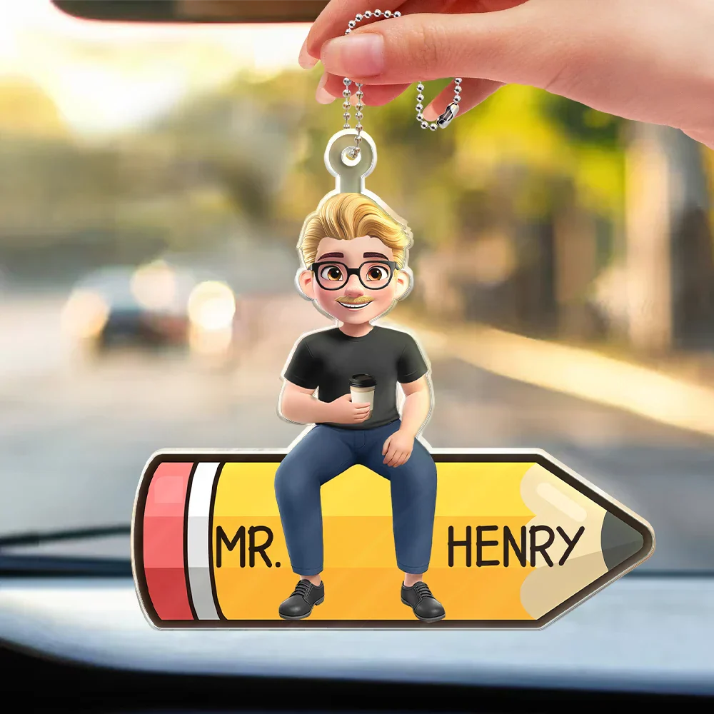 Teacher Sitting On The Pencil - Personalized Acrylic Car Hanger - Image 3