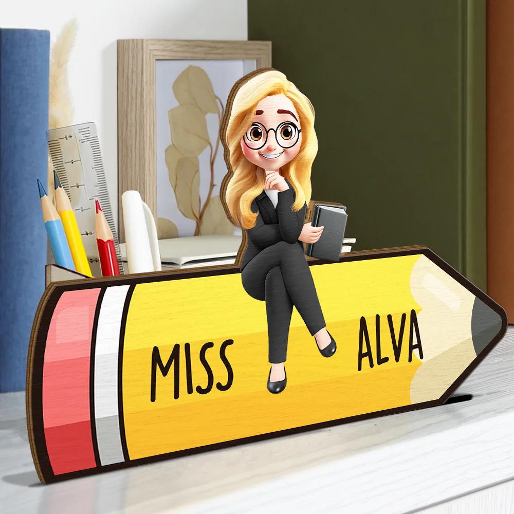 Teacher Sitting On The Pencil - Personalized Wooden Pen Pencil Holder - Image 2