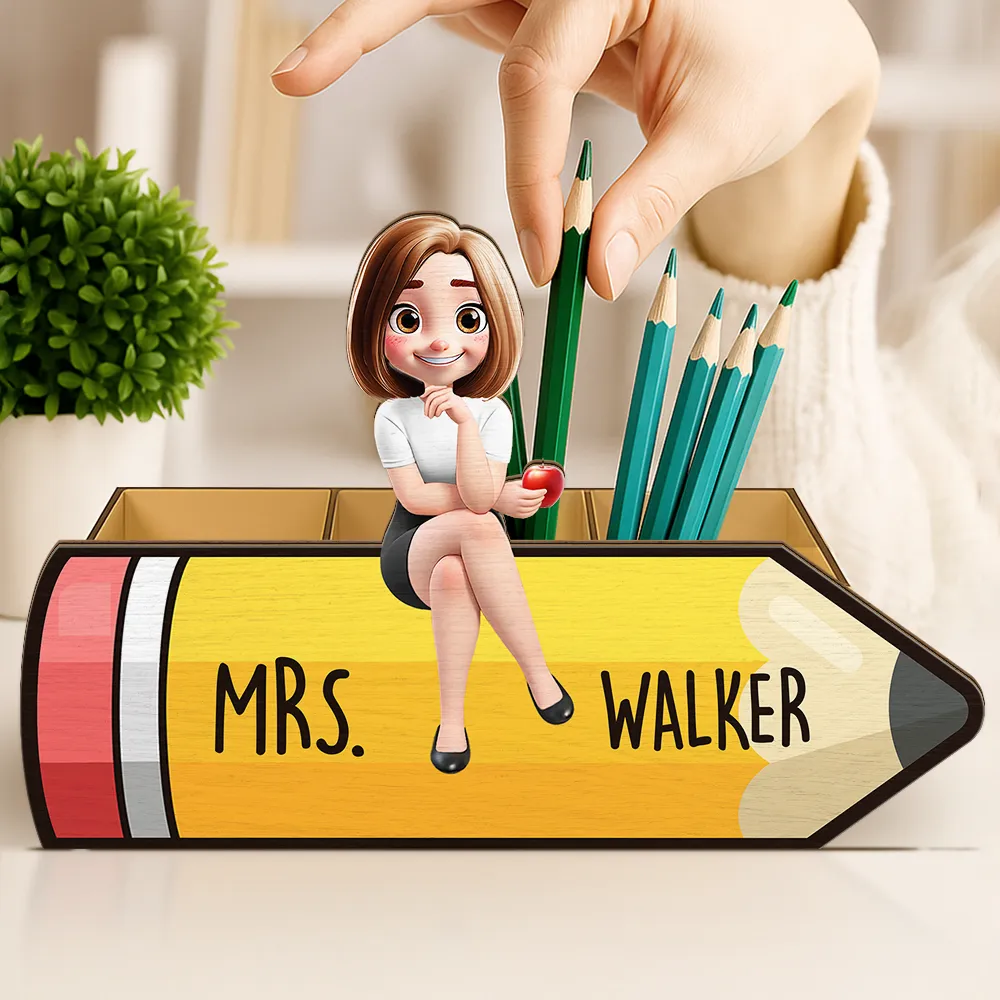 Teacher Sitting On The Pencil - Personalized Wooden Pen Pencil Holder - Image 4