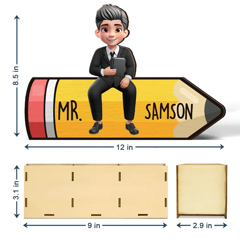 Teacher Sitting On The Pencil - Personalized Wooden Pen Pencil Holder - Image 5
