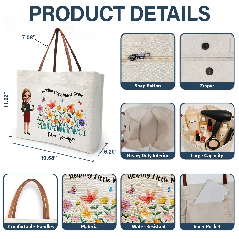 Teacher Teach Them Love Them Watch Them Grow - Personalized Leather Handle Tote Bag - Image 4