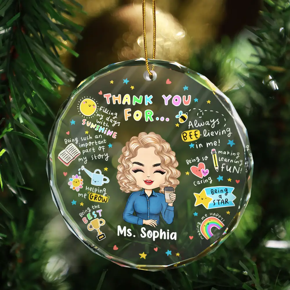 Teacher Thank You For Helping Me Grow - Personalized Circle Glass Ornament - Image 3