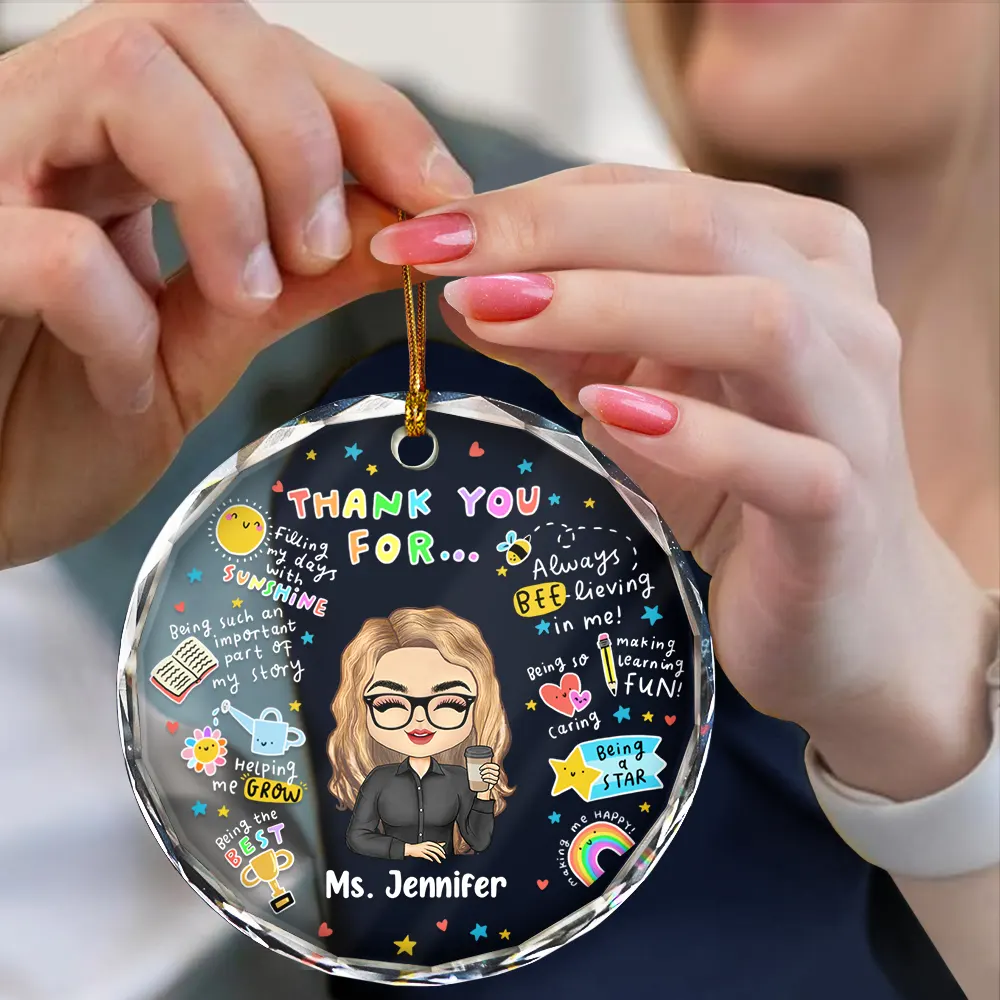 Teacher Thank You For Helping Me Grow - Personalized Circle Glass Ornament - Image 4