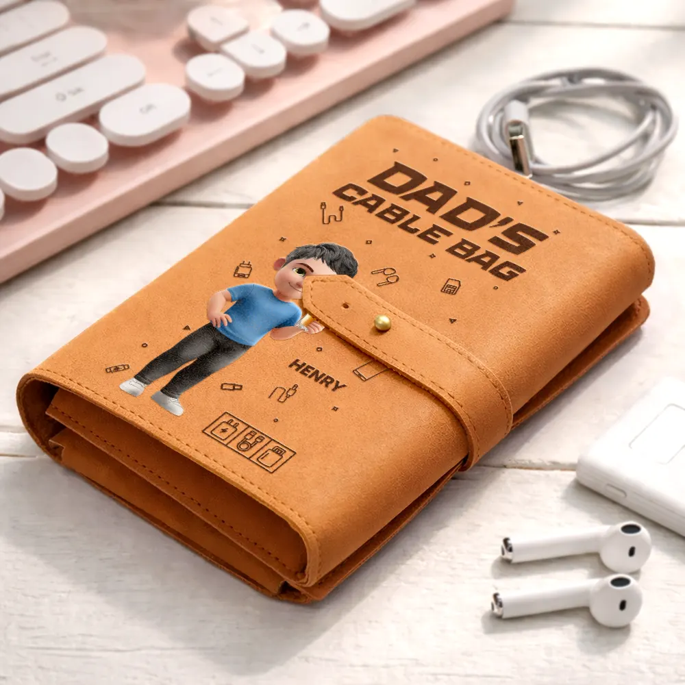 Tech Stuff 3D Effect Man Woman - Personalized Leather Cable Bag - Image 2