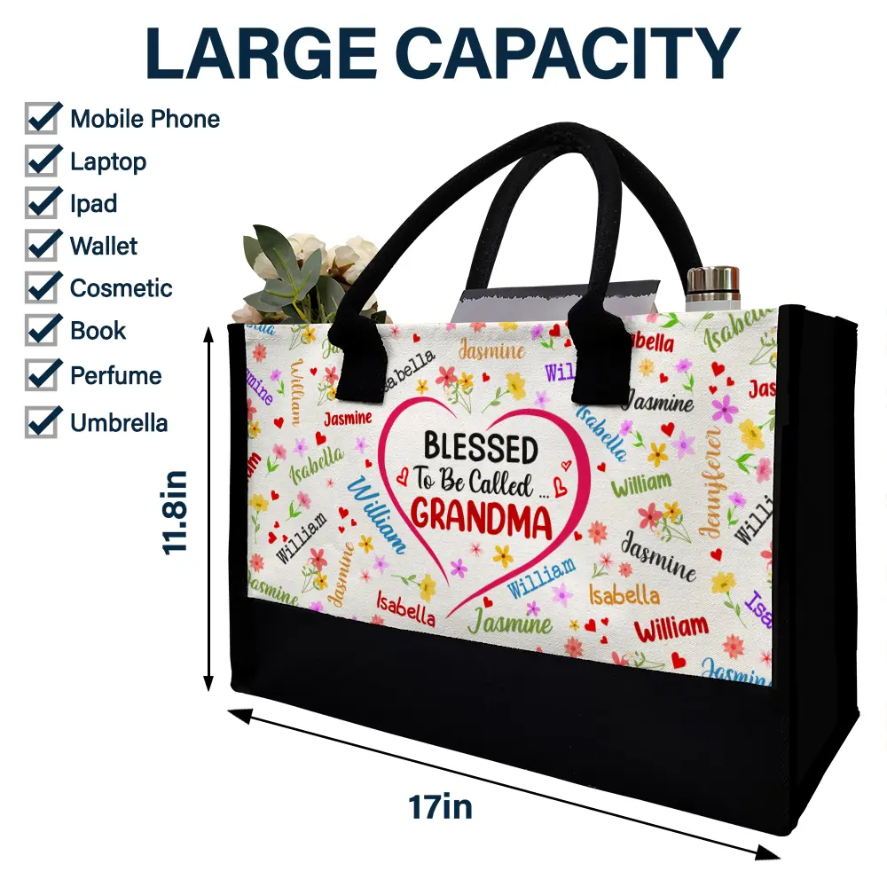 Text Pattern Bless To Be Called Grandma Nana Mom - Personalized Canvas Tote Bag - Image 4