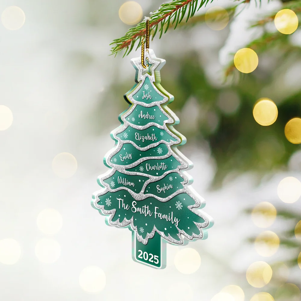Text Pattern Christmas Tree Family Bestie Custom Names Pottery Glitter Effect - Personalized Custom Shaped Acrylic Ornament - Image 2